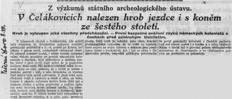 Večerní slovo - V Čelákovicích nalezen hrob jezdce i s koněm ze šestého století